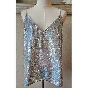 ASOS Sequin Iridescent Cami Top Spaghetti‎ Strap Women Size 10 Silver Shimmery